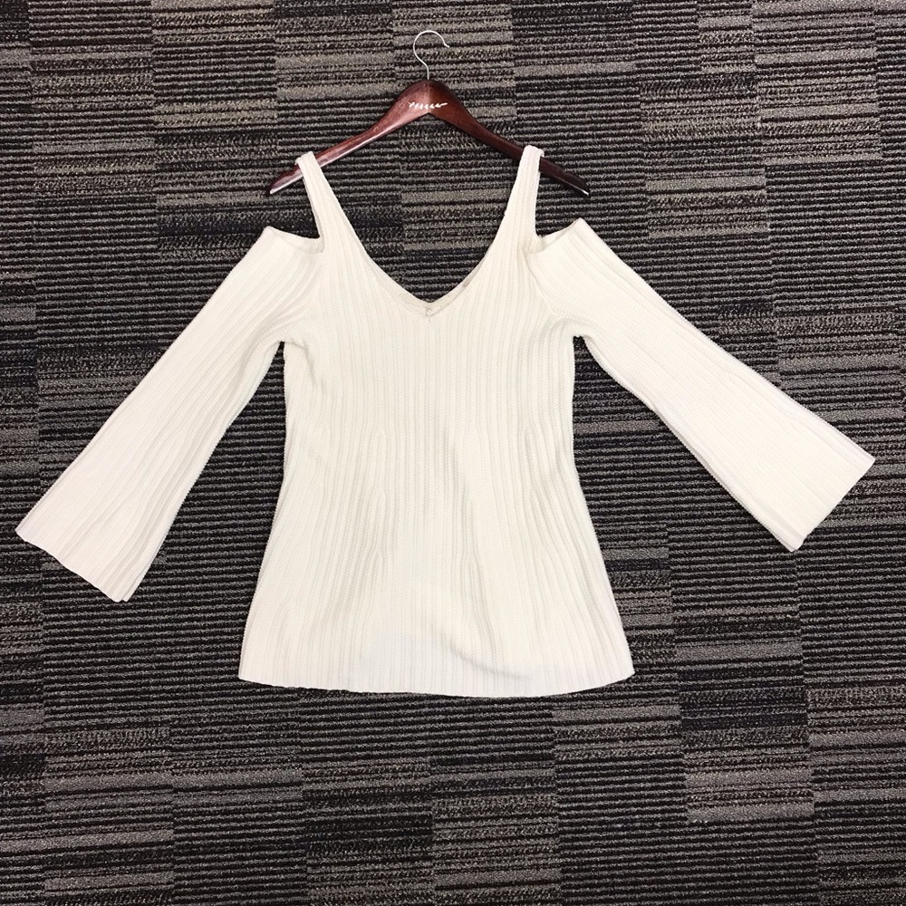 Bell sleeve cold shoulder sweater